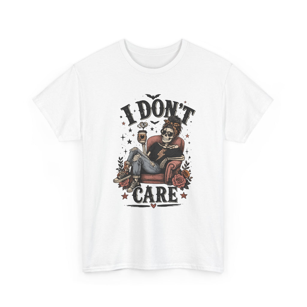 I Don't Care Skeleton Tee - Retro Skull Lounge Graphic T-Shirt
