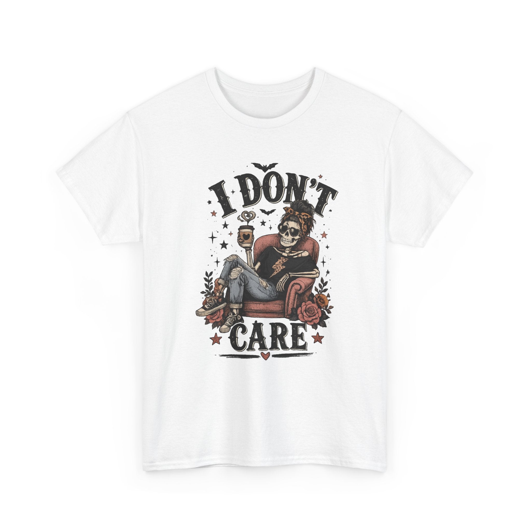 I Don't Care Skeleton Tee - Retro Skull Lounge Graphic T-Shirt