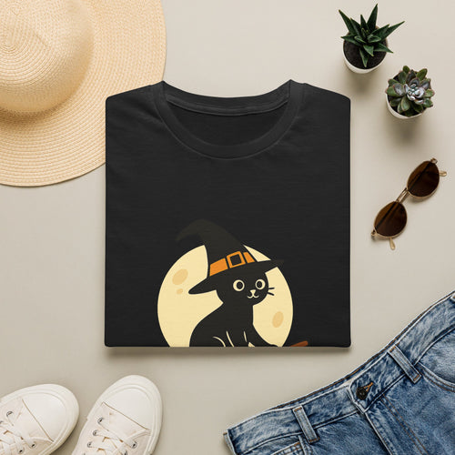 Witch Cat T-Shirt — Cute Black Cat on Broom Halloween Tee