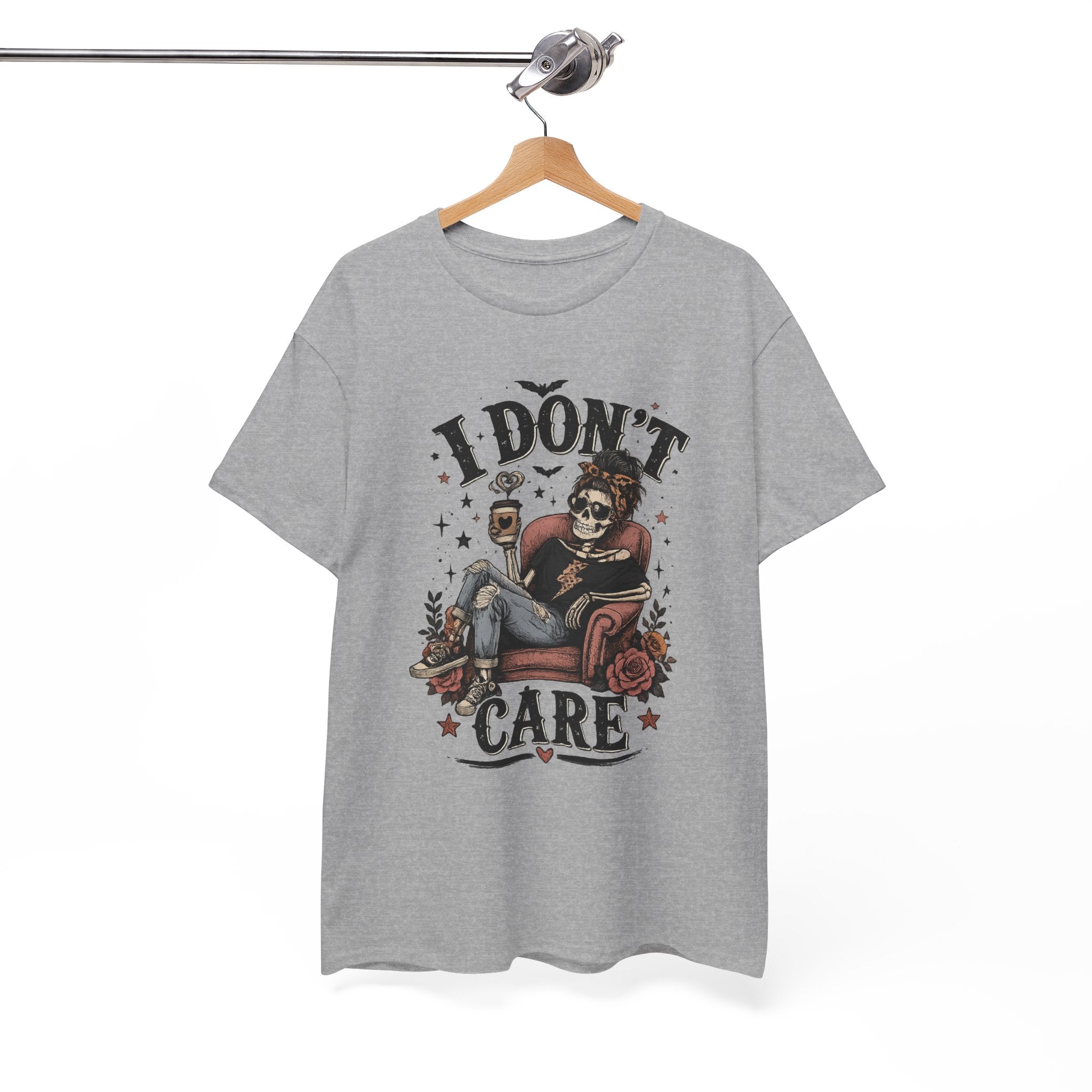 I Don't Care Skeleton Tee - Retro Skull Lounge Graphic T-Shirt