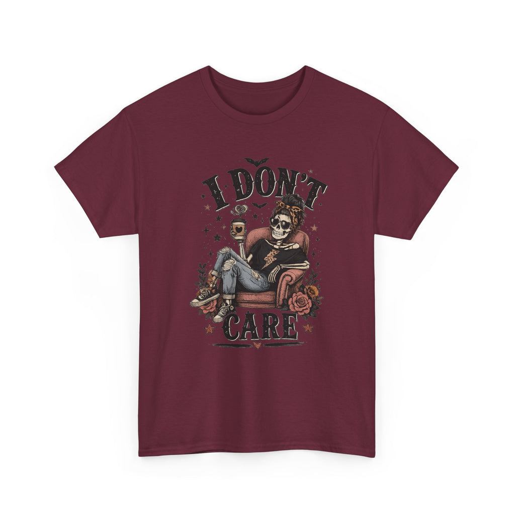 I Don't Care Skeleton Tee - Retro Skull Lounge Graphic T-Shirt
