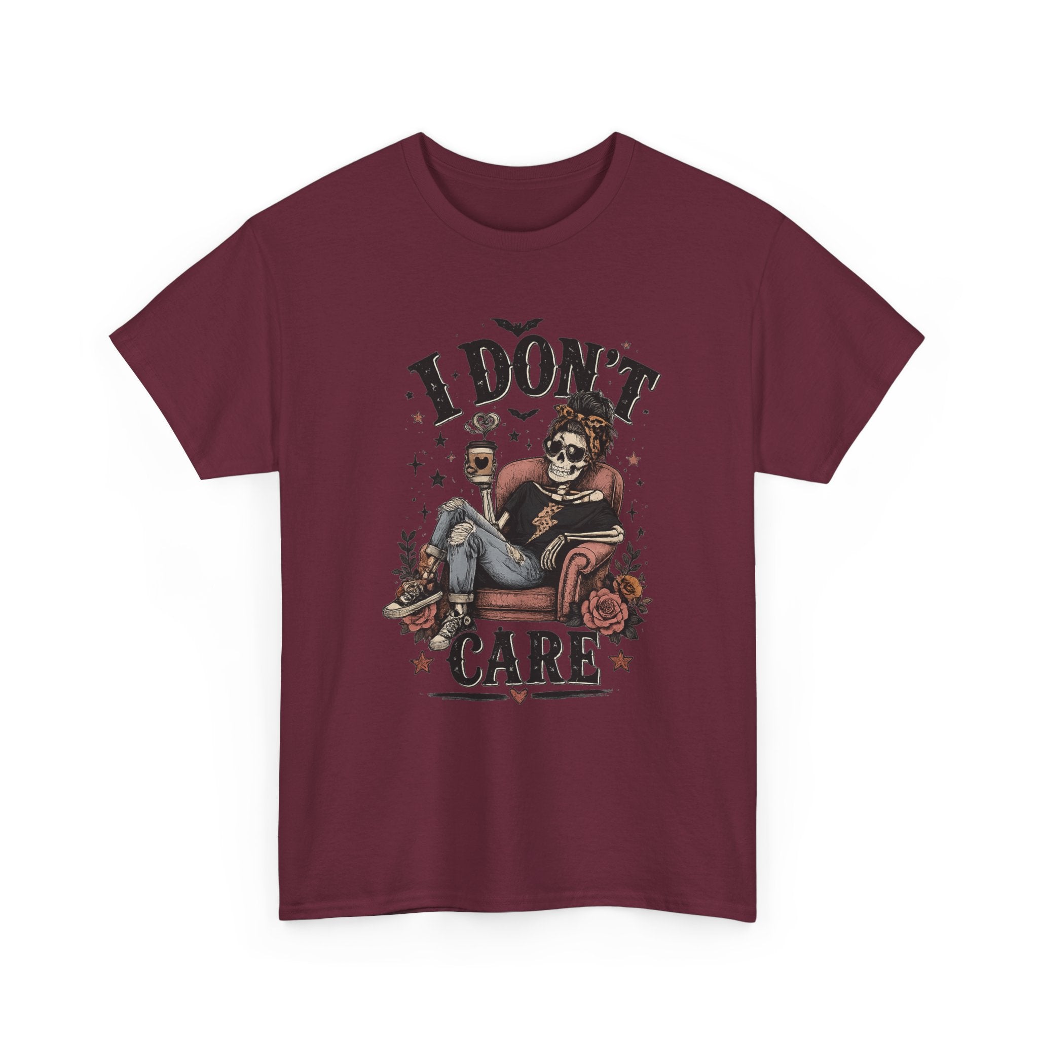 I Don't Care Skeleton Tee - Retro Skull Lounge Graphic T-Shirt