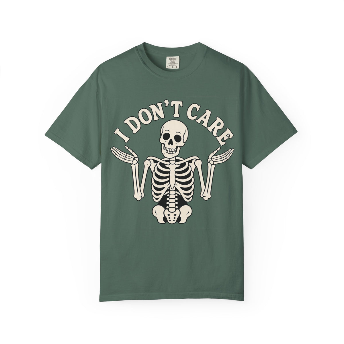 I Don't Care Skeleton T-Shirt — Garment-Dyed Skeletal Shrug Graphic Tee