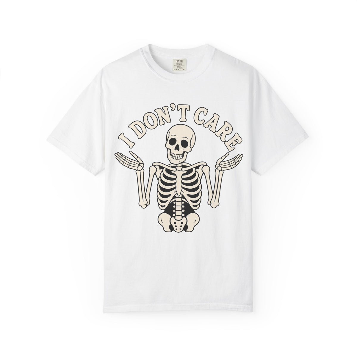 I Don't Care Skeleton T-Shirt — Garment-Dyed Skeletal Shrug Graphic Tee