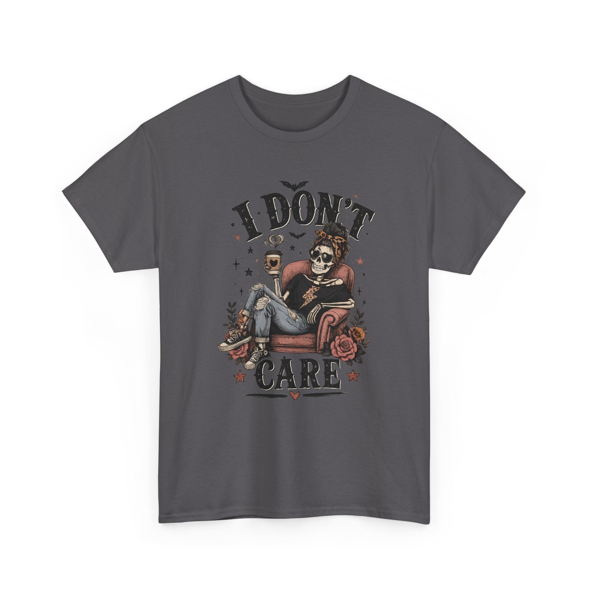 I Don't Care Skeleton Tee - Retro Skull Lounge Graphic T-Shirt