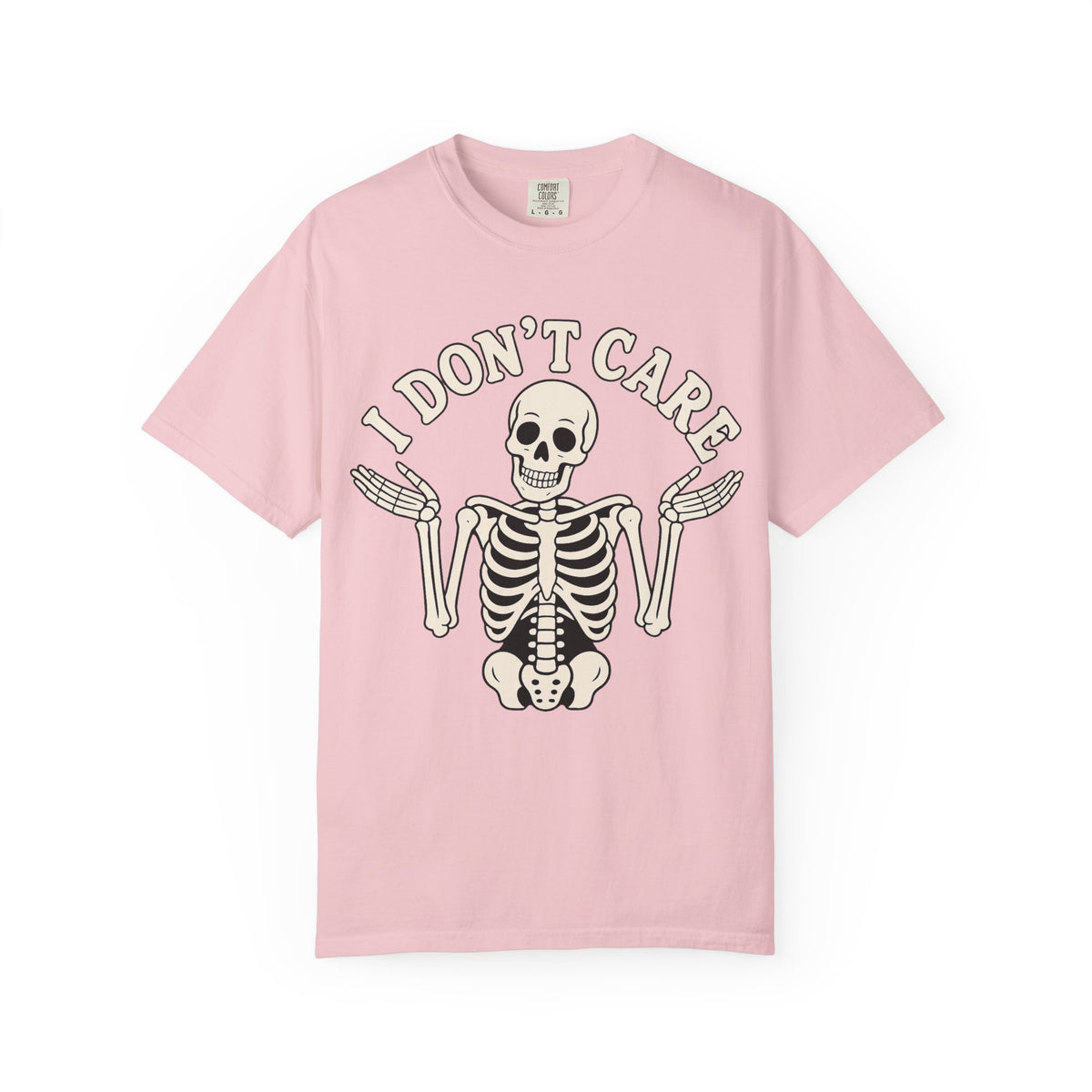 I Don't Care Skeleton T-Shirt — Garment-Dyed Skeletal Shrug Graphic Tee