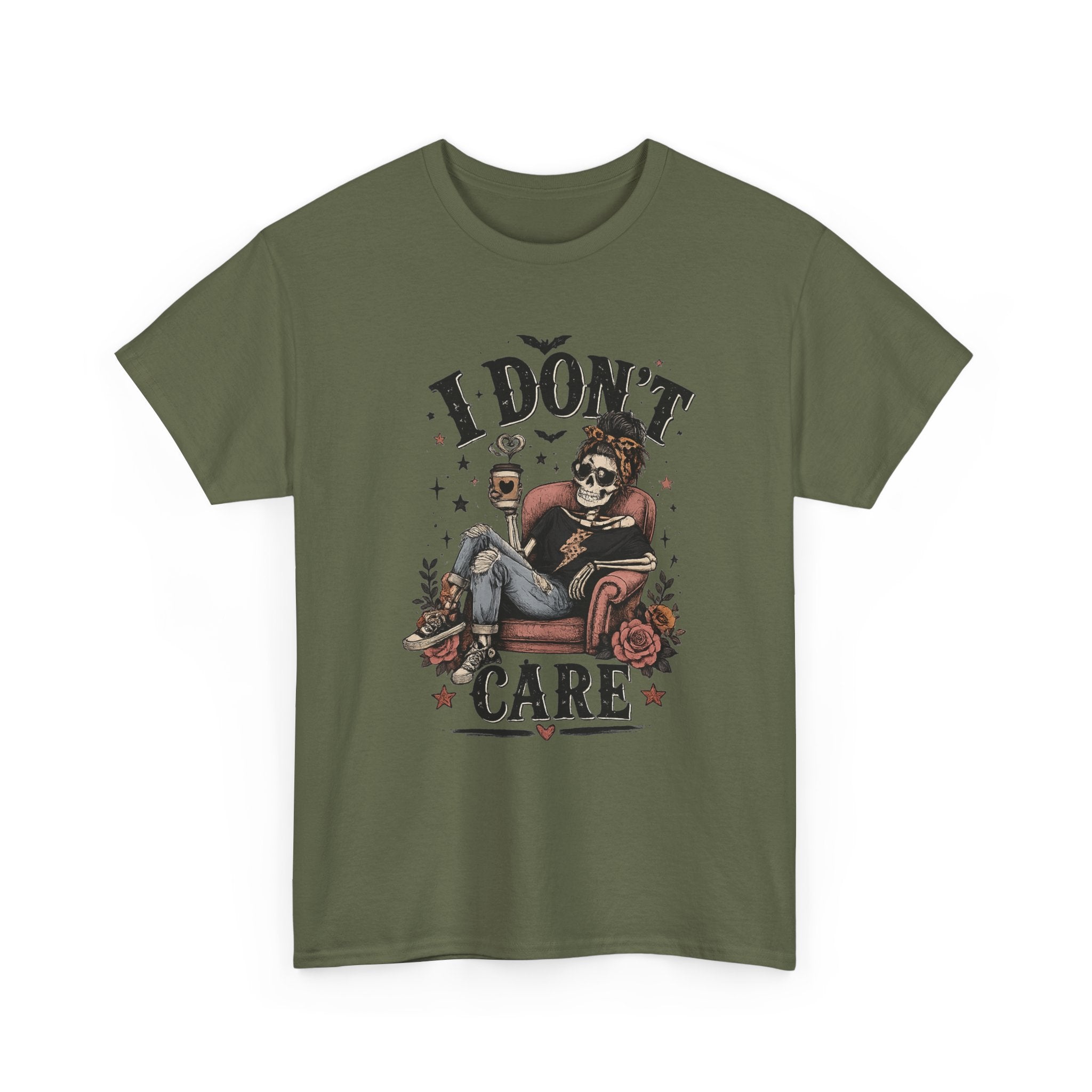 I Don't Care Skeleton Tee - Retro Skull Lounge Graphic T-Shirt