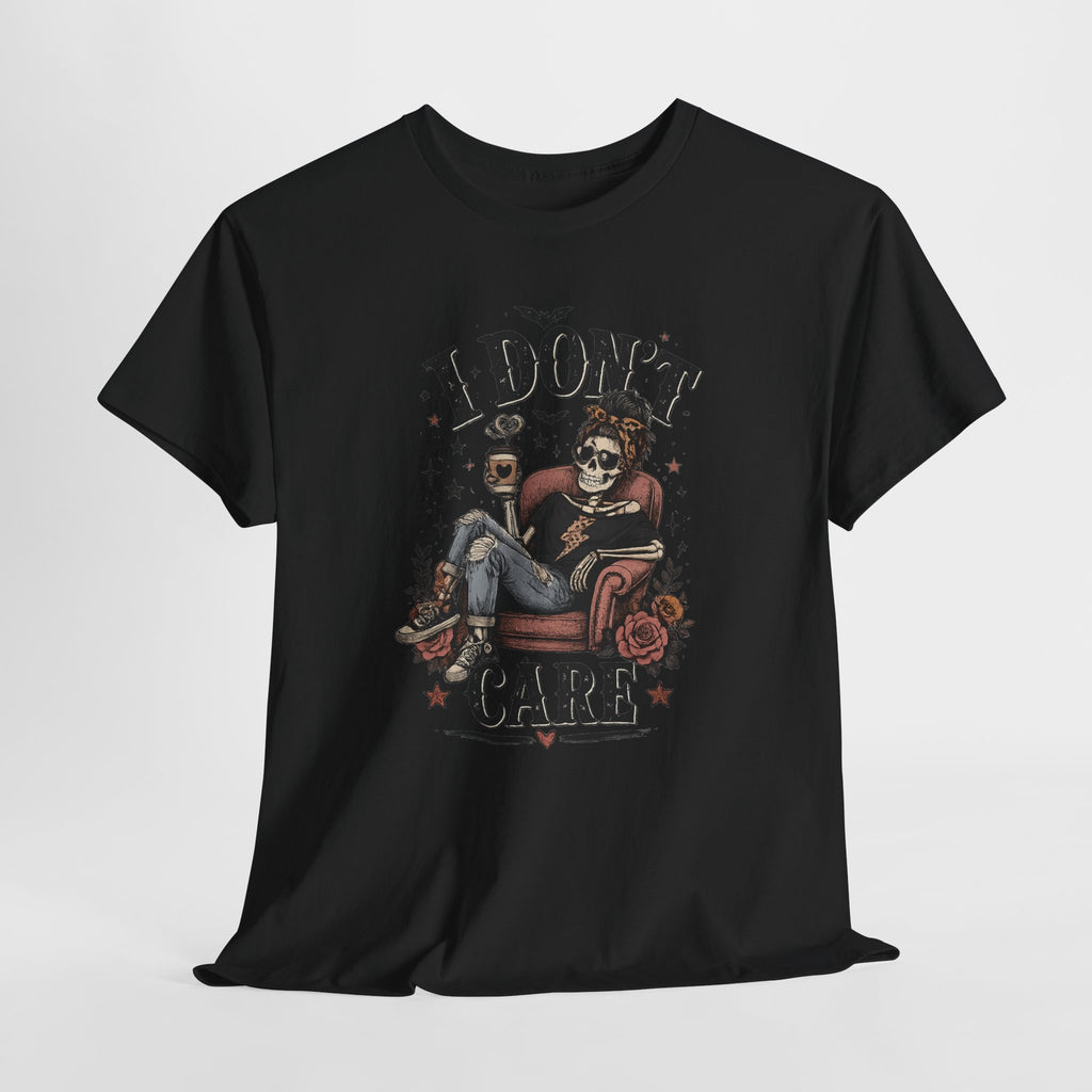 I Don't Care Skeleton Tee - Retro Skull Lounge Graphic T-Shirt
