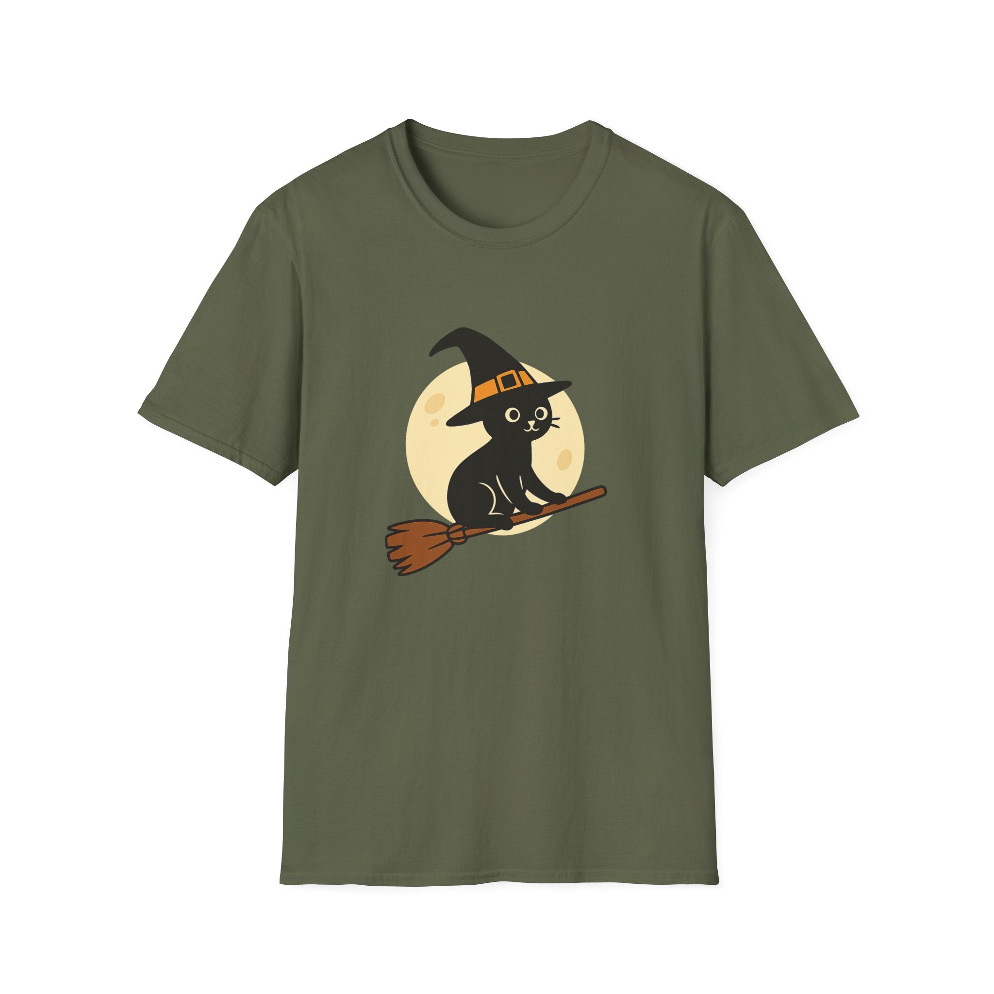 Witch Cat T-Shirt — Cute Black Cat on Broom Halloween Tee