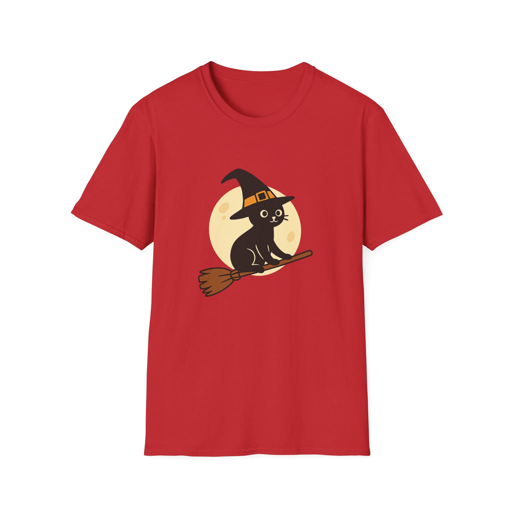 Witch Cat T-Shirt — Cute Black Cat on Broom Halloween Tee