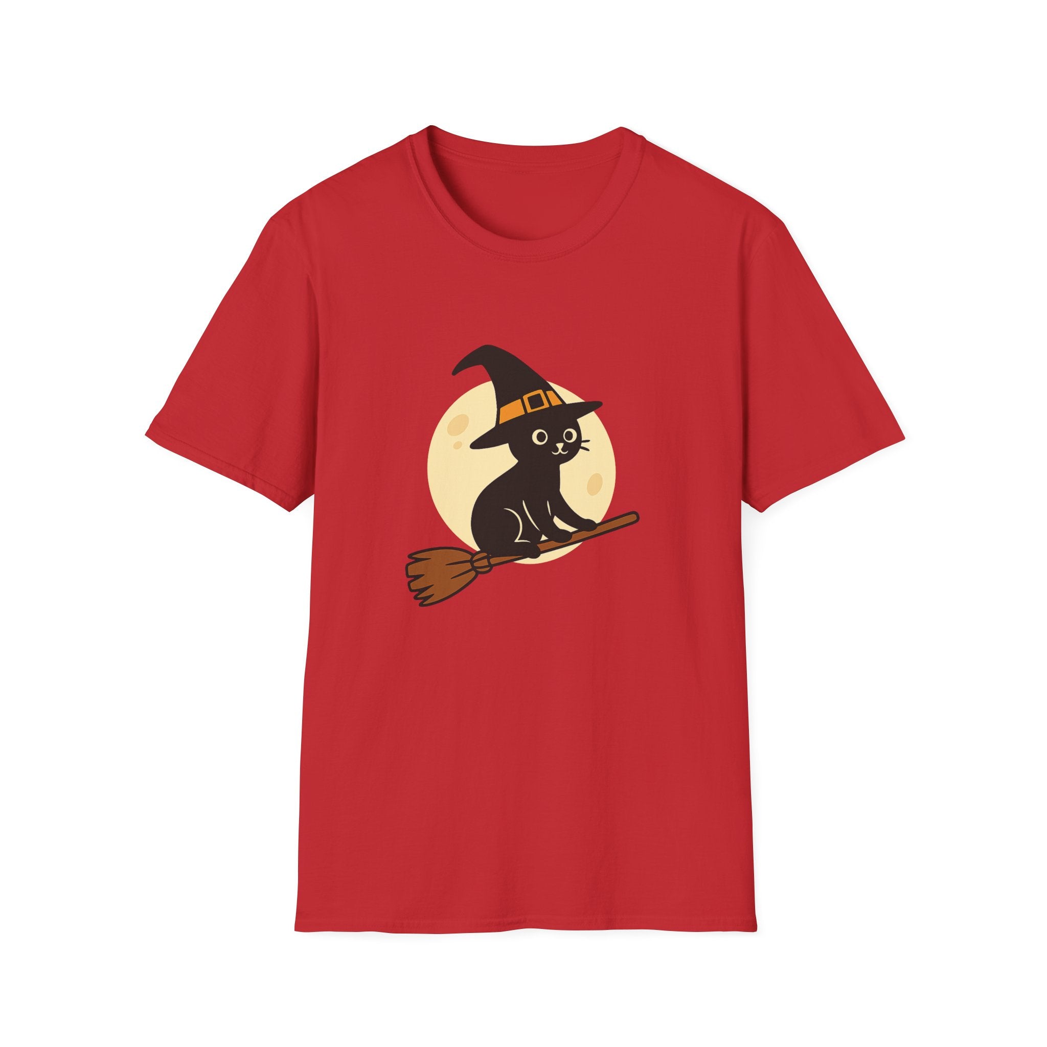 Witch Cat T-Shirt — Cute Black Cat on Broom Halloween Tee