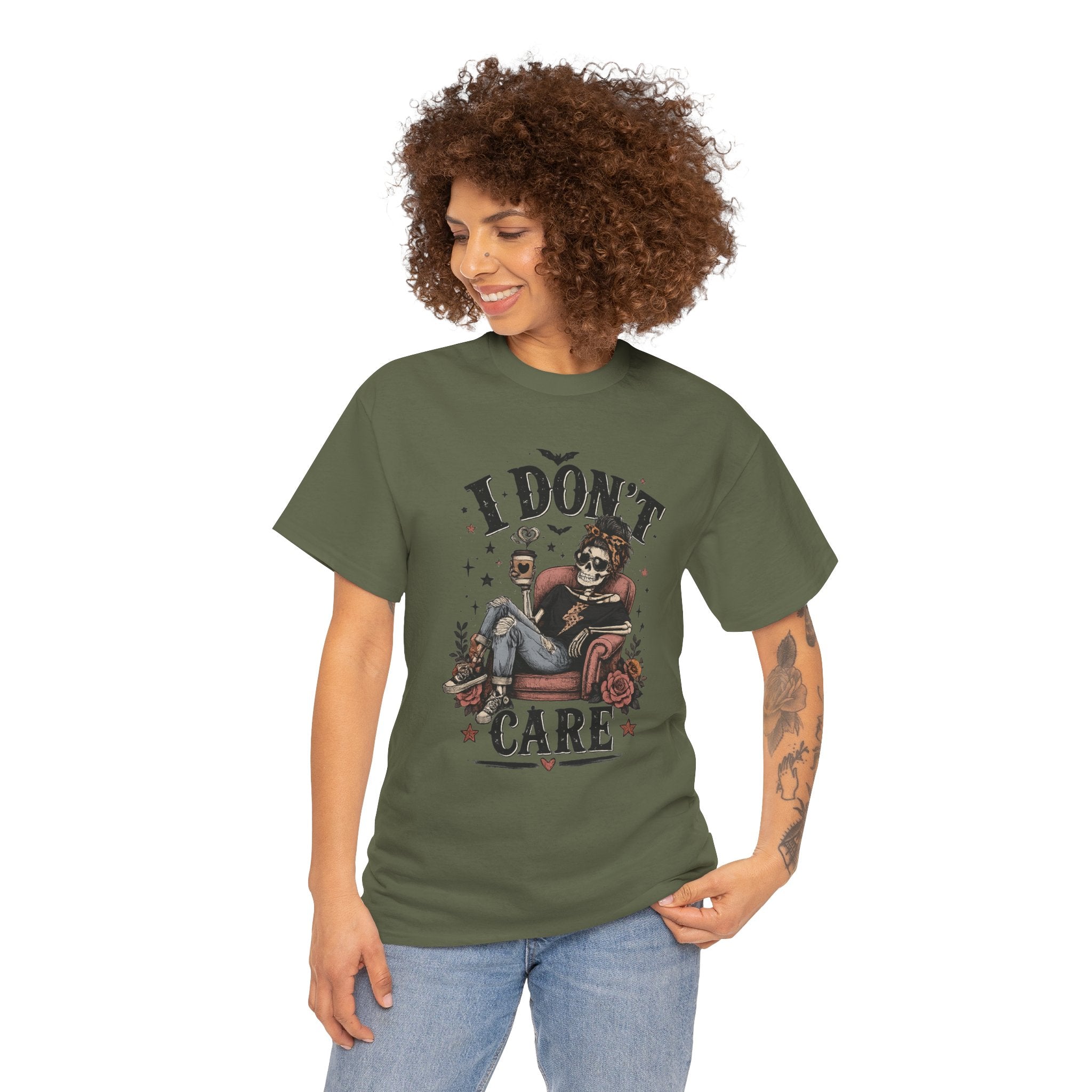 I Don't Care Skeleton Tee - Retro Skull Lounge Graphic T-Shirt