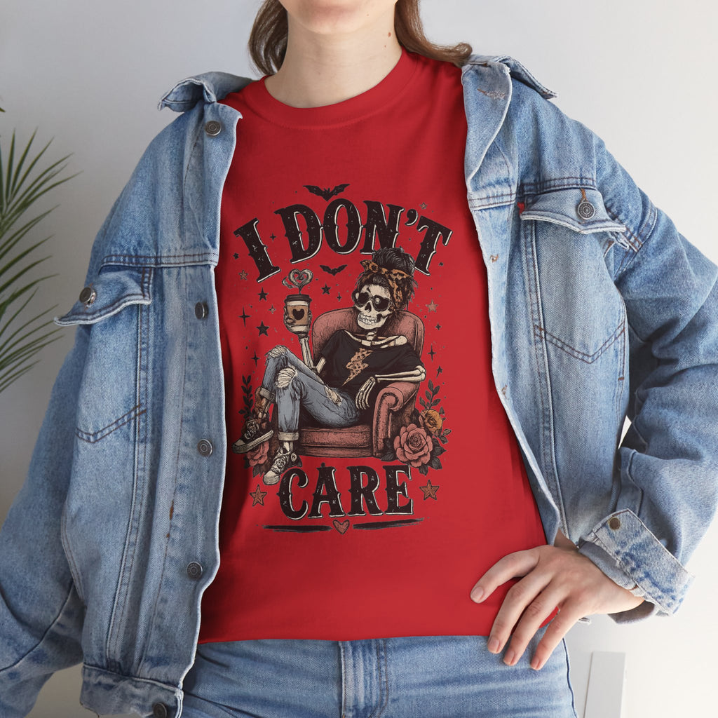 I Don't Care Skeleton Tee - Retro Skull Lounge Graphic T-Shirt