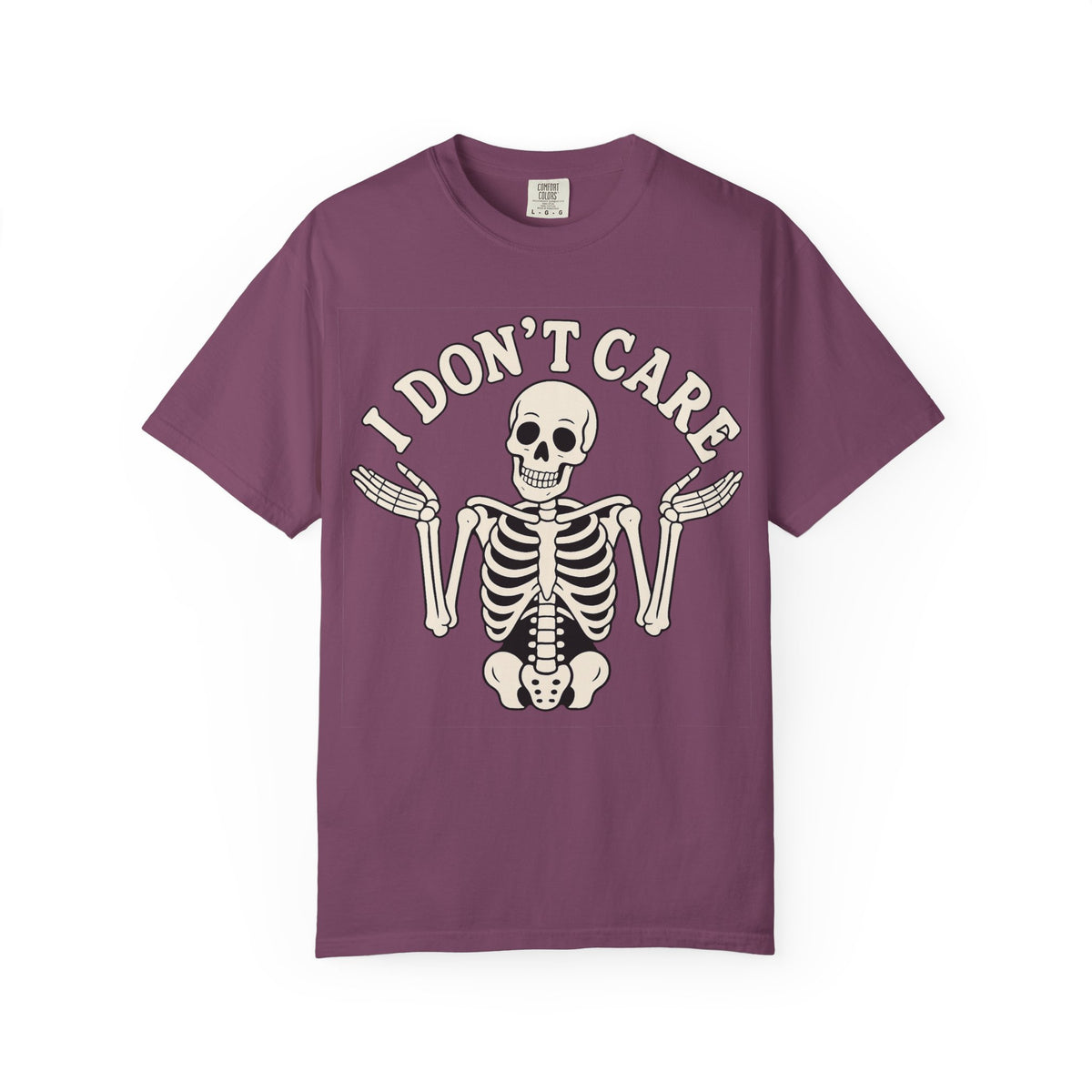 I Don't Care Skeleton T-Shirt — Garment-Dyed Skeletal Shrug Graphic Tee