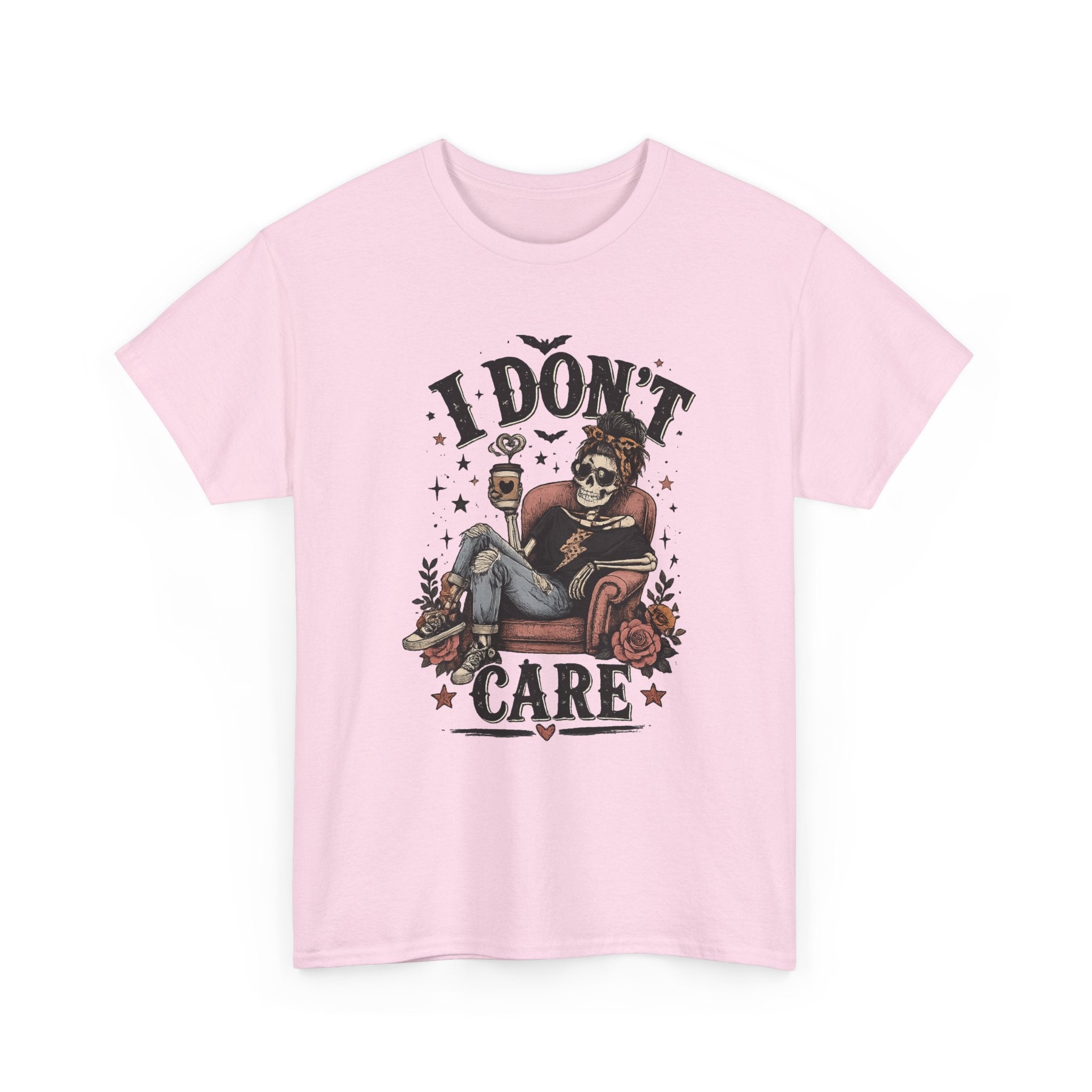 I Don't Care Skeleton Tee - Retro Skull Lounge Graphic T-Shirt