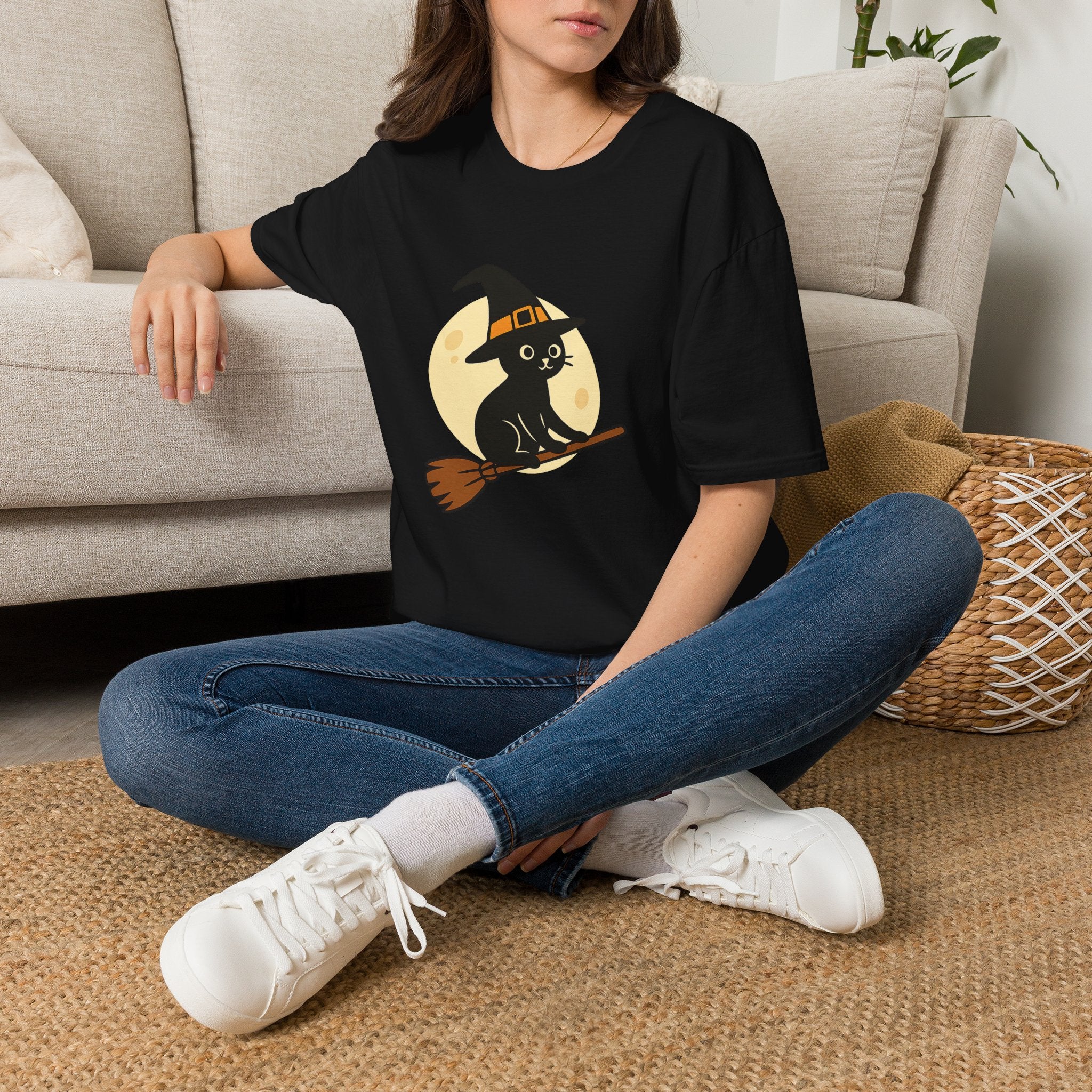 Witch Cat T-Shirt — Cute Black Cat on Broom Halloween Tee