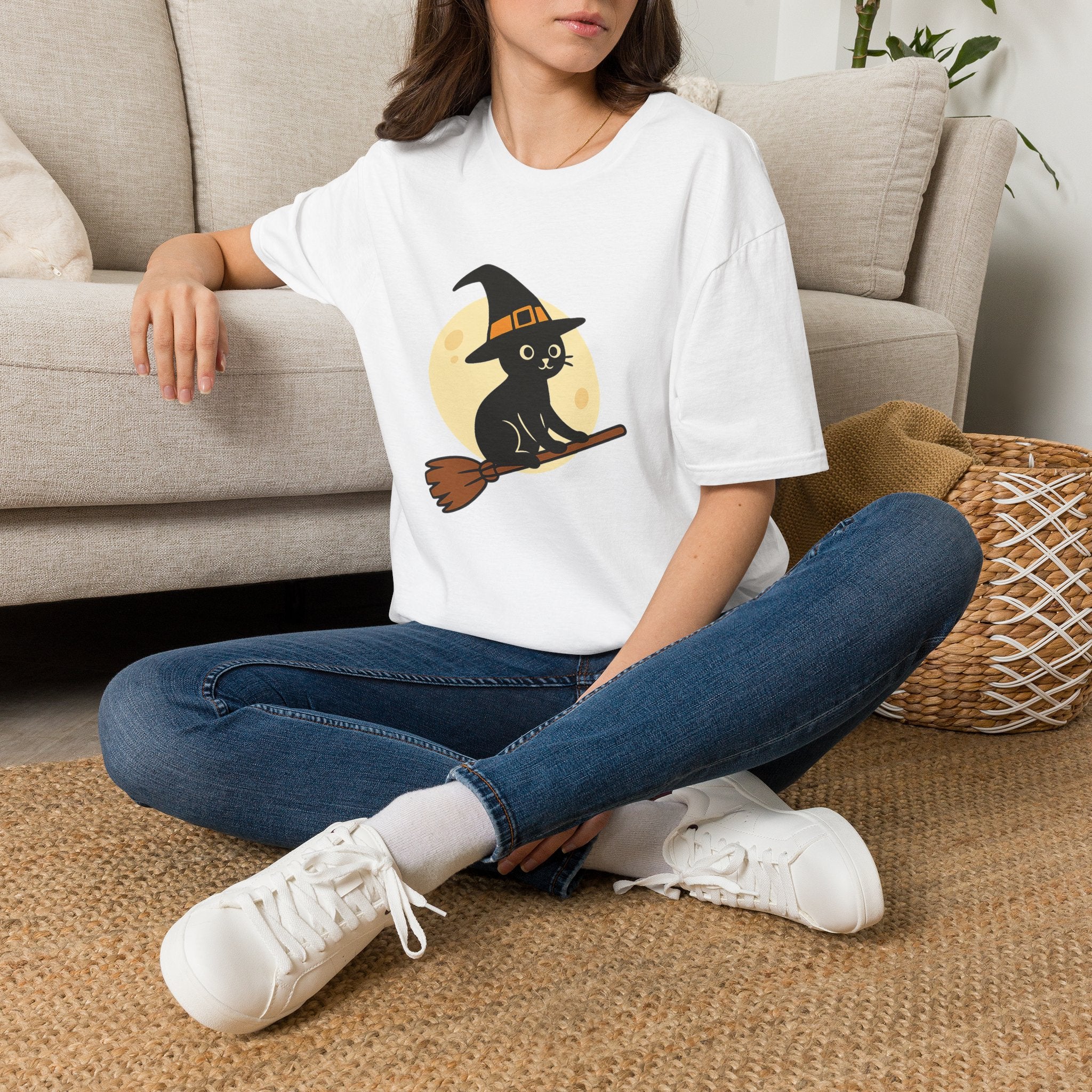 Witch Cat T-Shirt — Cute Black Cat on Broom Halloween Tee