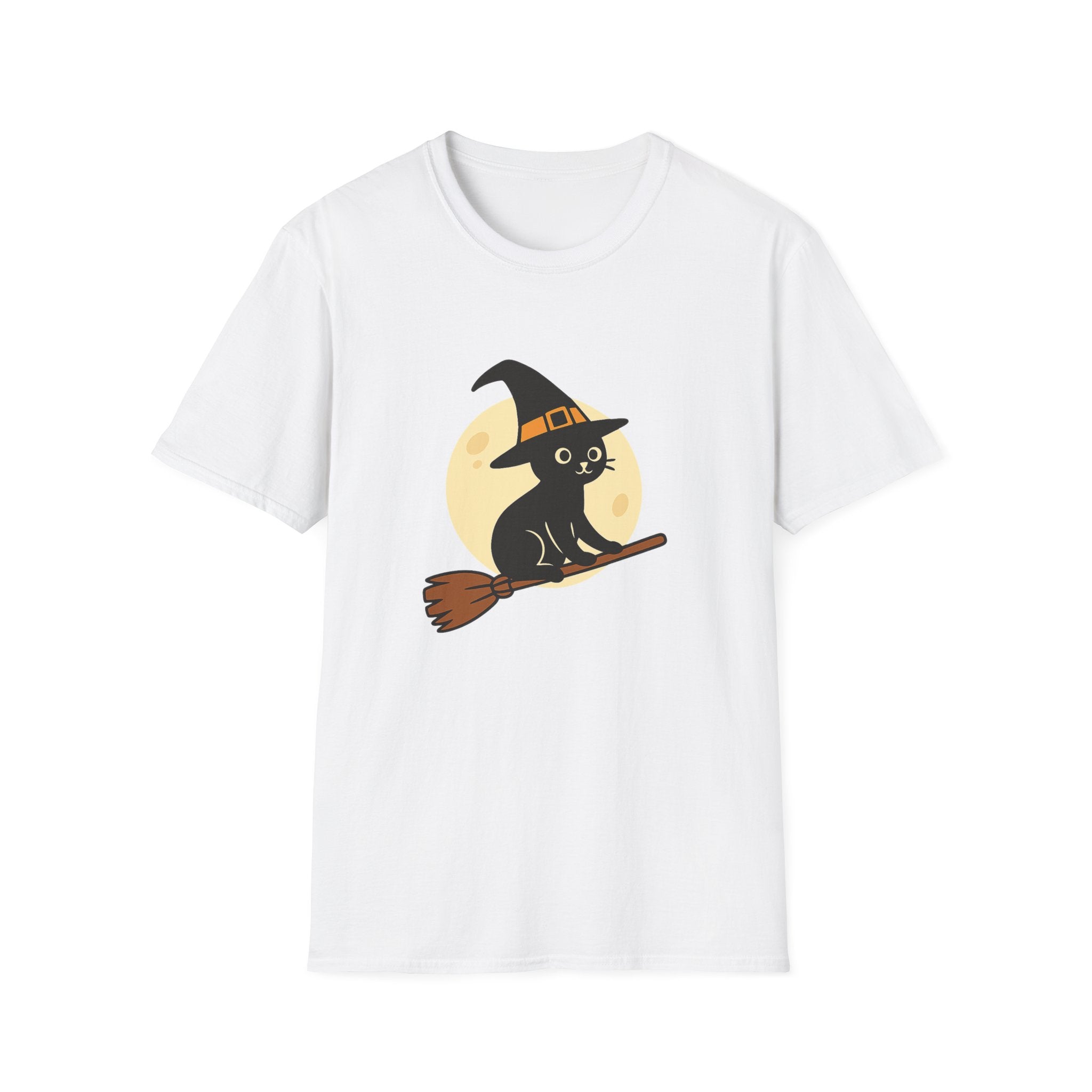 Witch Cat T-Shirt — Cute Black Cat on Broom Halloween Tee