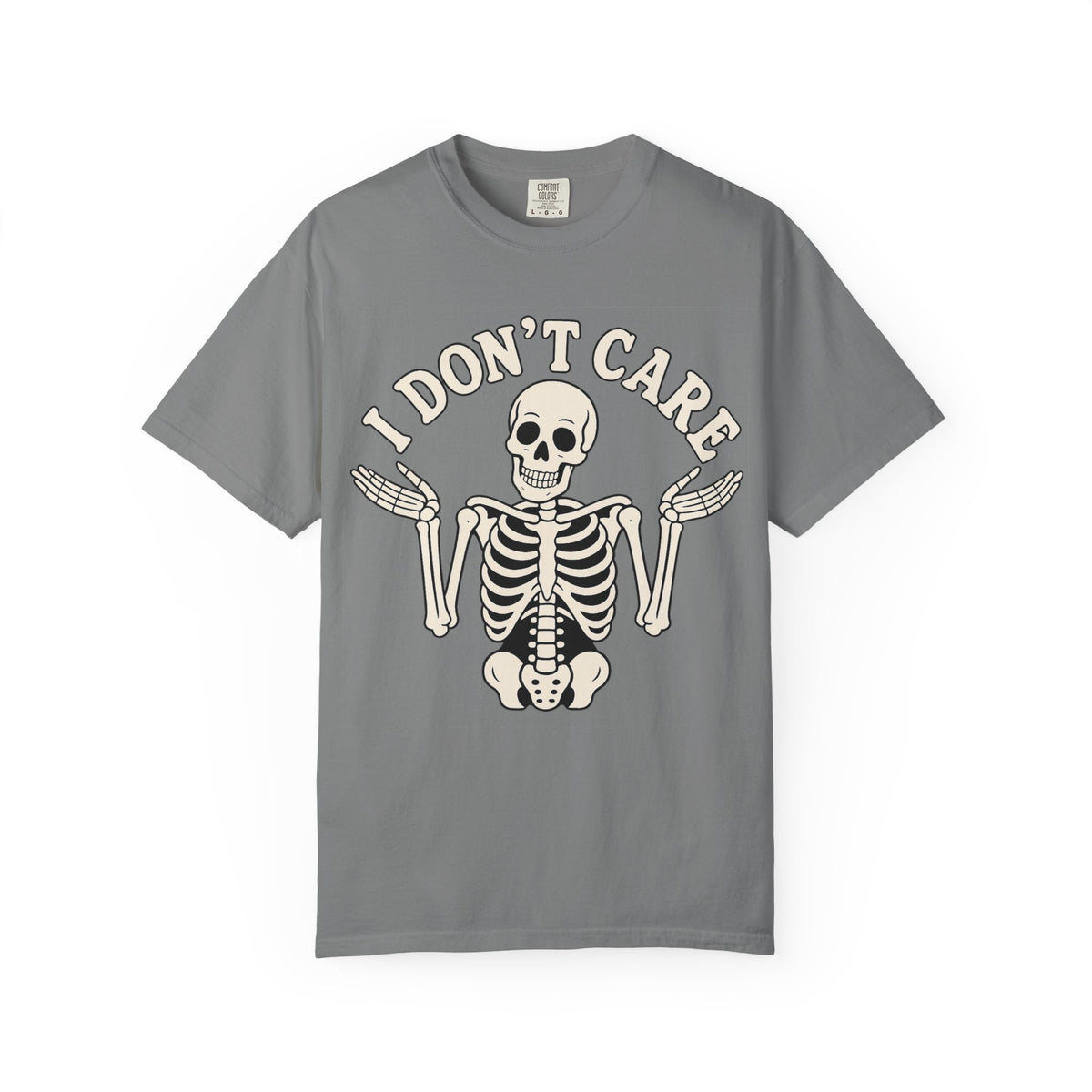I Don't Care Skeleton T-Shirt — Garment-Dyed Skeletal Shrug Graphic Tee