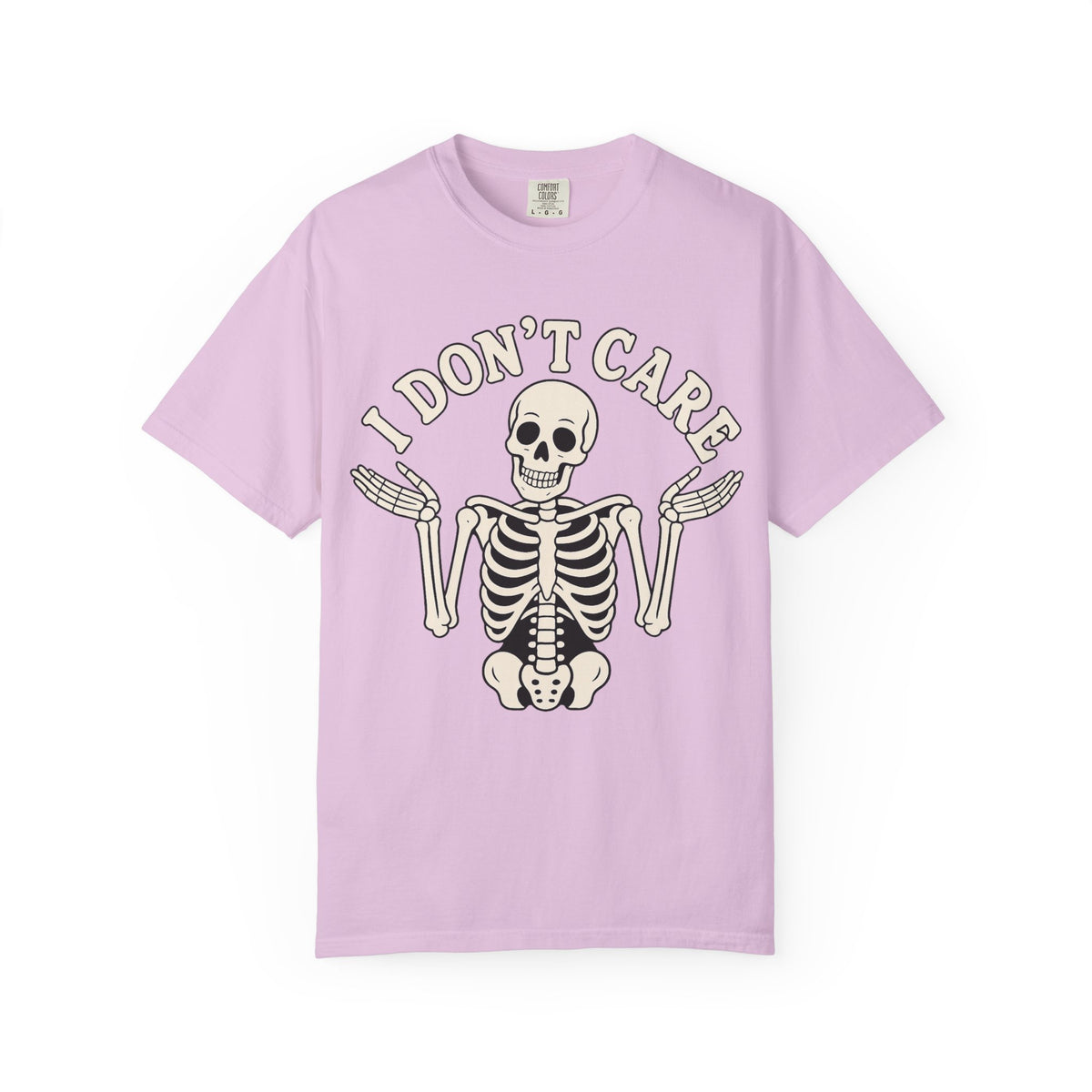 I Don't Care Skeleton T-Shirt — Garment-Dyed Skeletal Shrug Graphic Tee