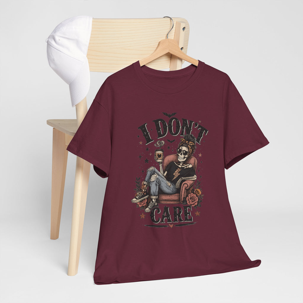 I Don't Care Skeleton Tee - Retro Skull Lounge Graphic T-Shirt