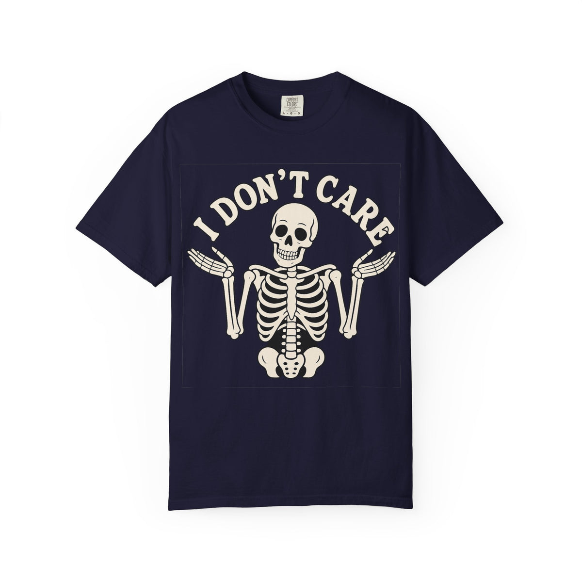 I Don't Care Skeleton T-Shirt — Garment-Dyed Skeletal Shrug Graphic Tee