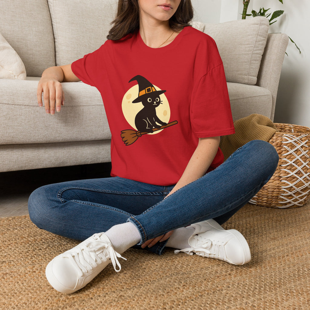Witch Cat T-Shirt — Cute Black Cat on Broom Halloween Tee