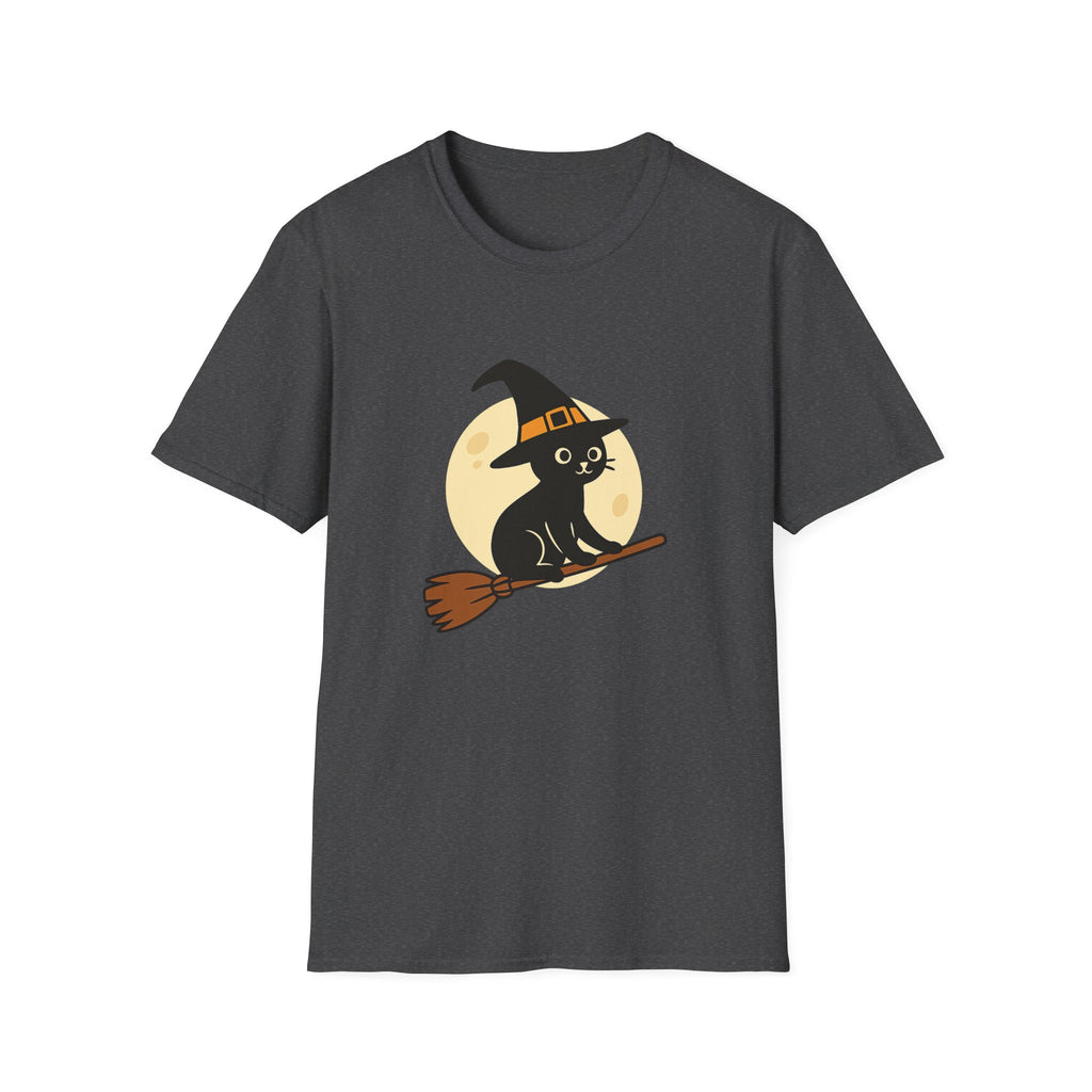 Witch Cat T-Shirt — Cute Black Cat on Broom Halloween Tee