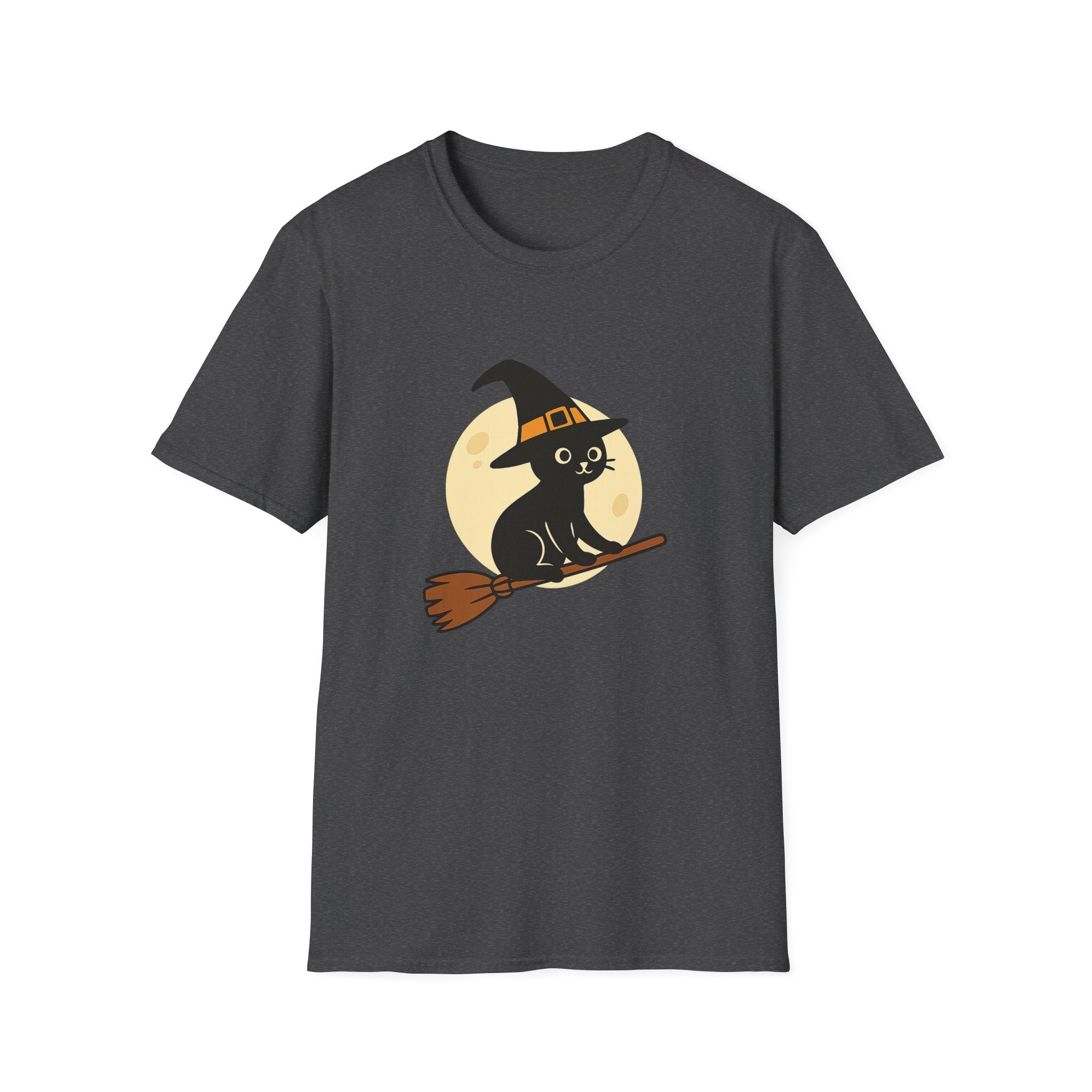 Witch Cat T-Shirt — Cute Black Cat on Broom Halloween Tee