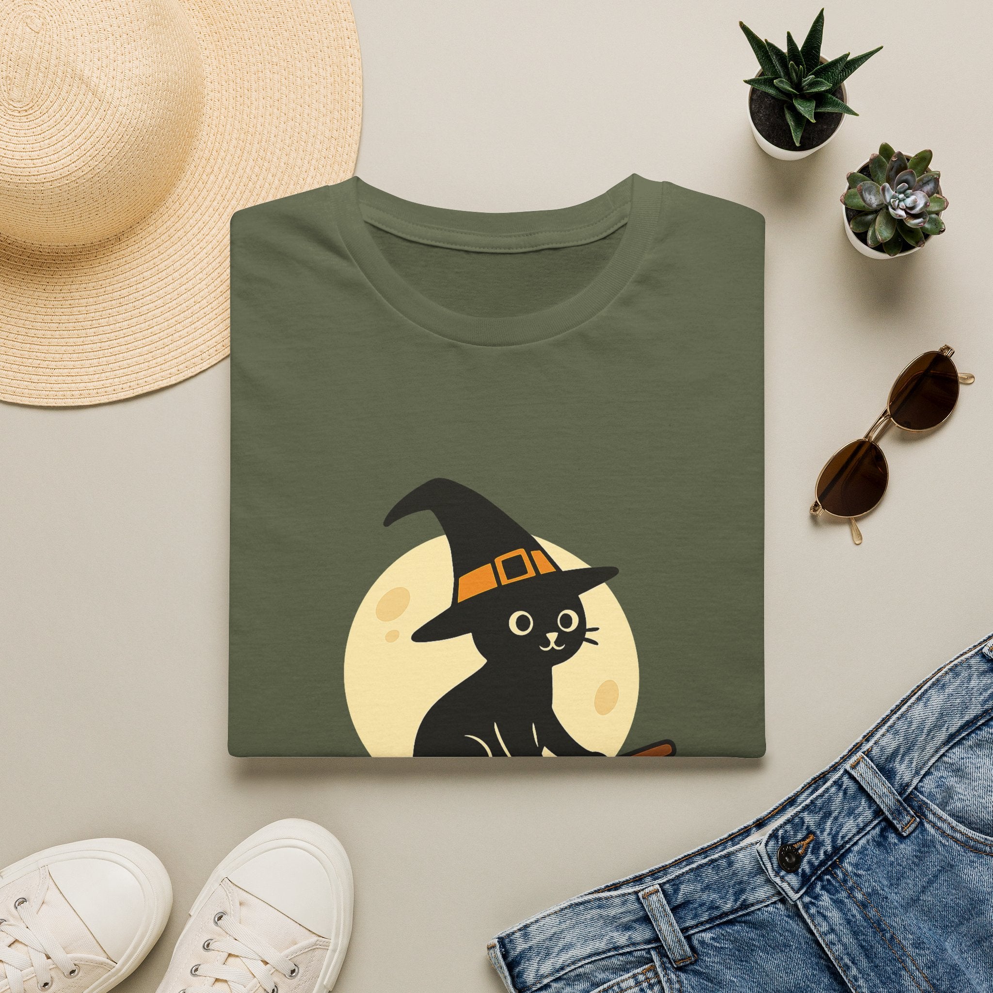 Witch Cat T-Shirt — Cute Black Cat on Broom Halloween Tee