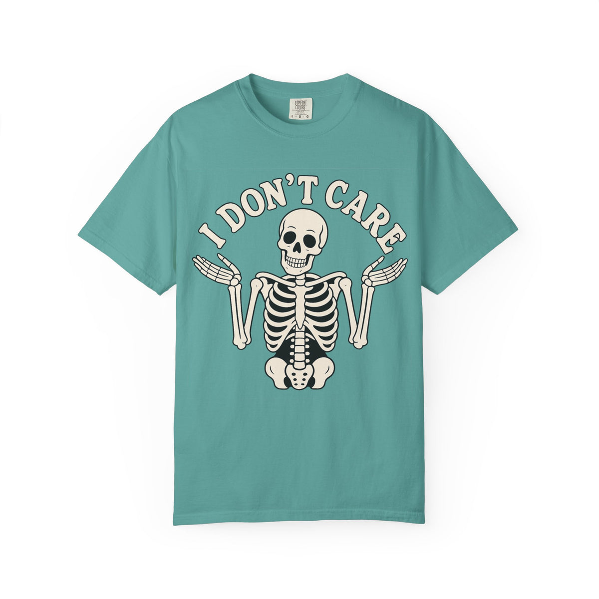 I Don't Care Skeleton T-Shirt — Garment-Dyed Skeletal Shrug Graphic Tee