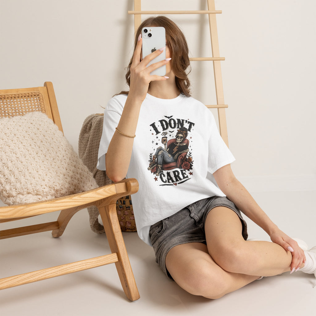 I Don't Care Skeleton Tee - Retro Skull Lounge Graphic T-Shirt