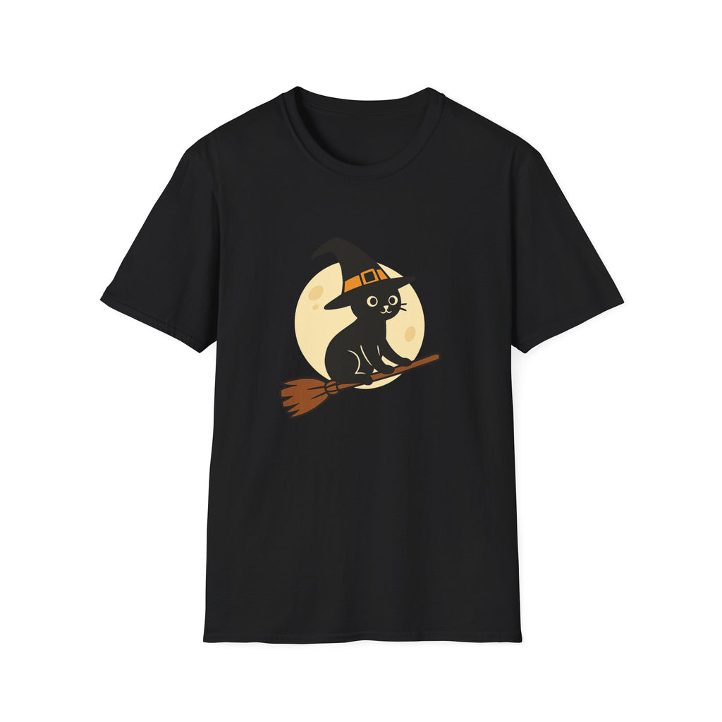 Witch Cat T-Shirt — Cute Black Cat on Broom Halloween Tee
