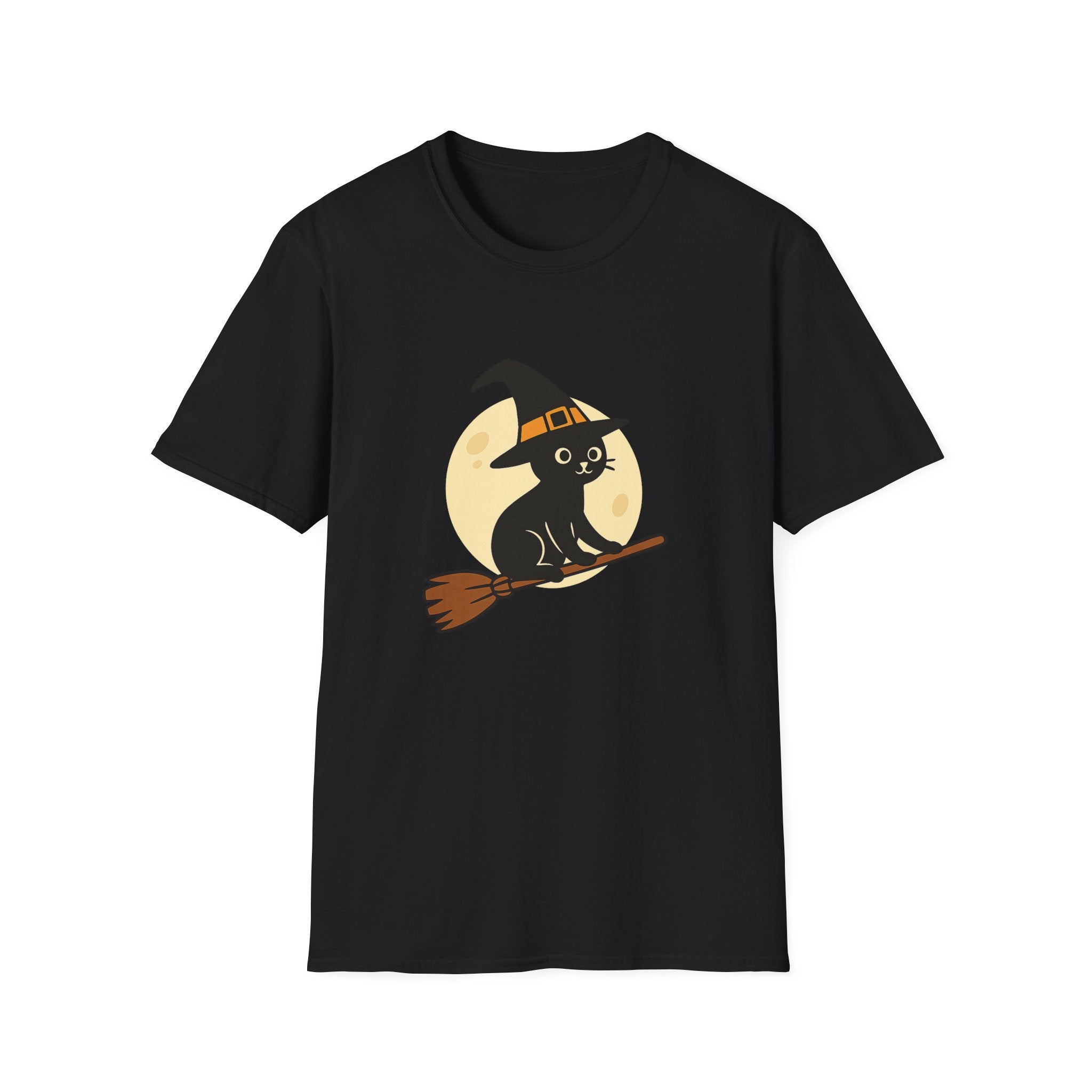 Witch Cat T-Shirt — Cute Black Cat on Broom Halloween Tee