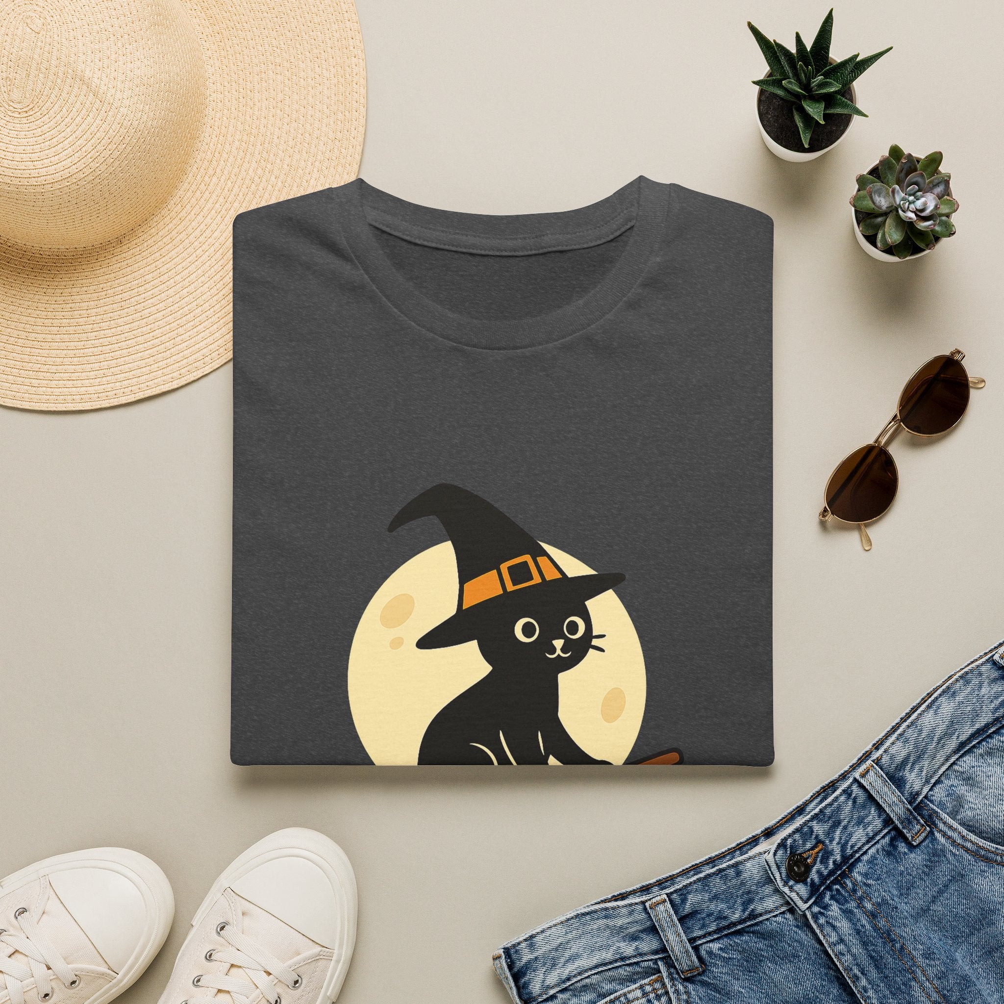 Witch Cat T-Shirt — Cute Black Cat on Broom Halloween Tee