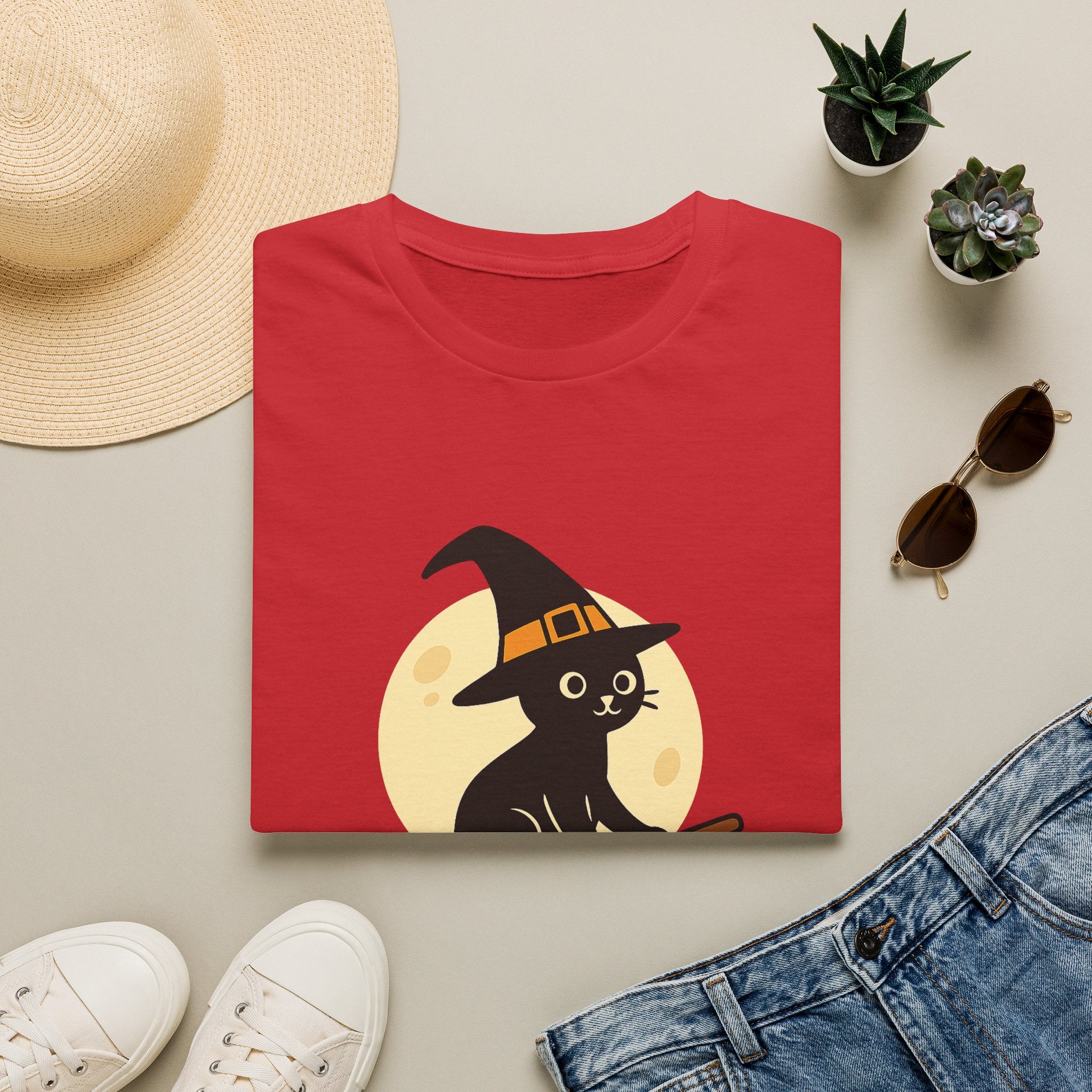 Witch Cat T-Shirt — Cute Black Cat on Broom Halloween Tee