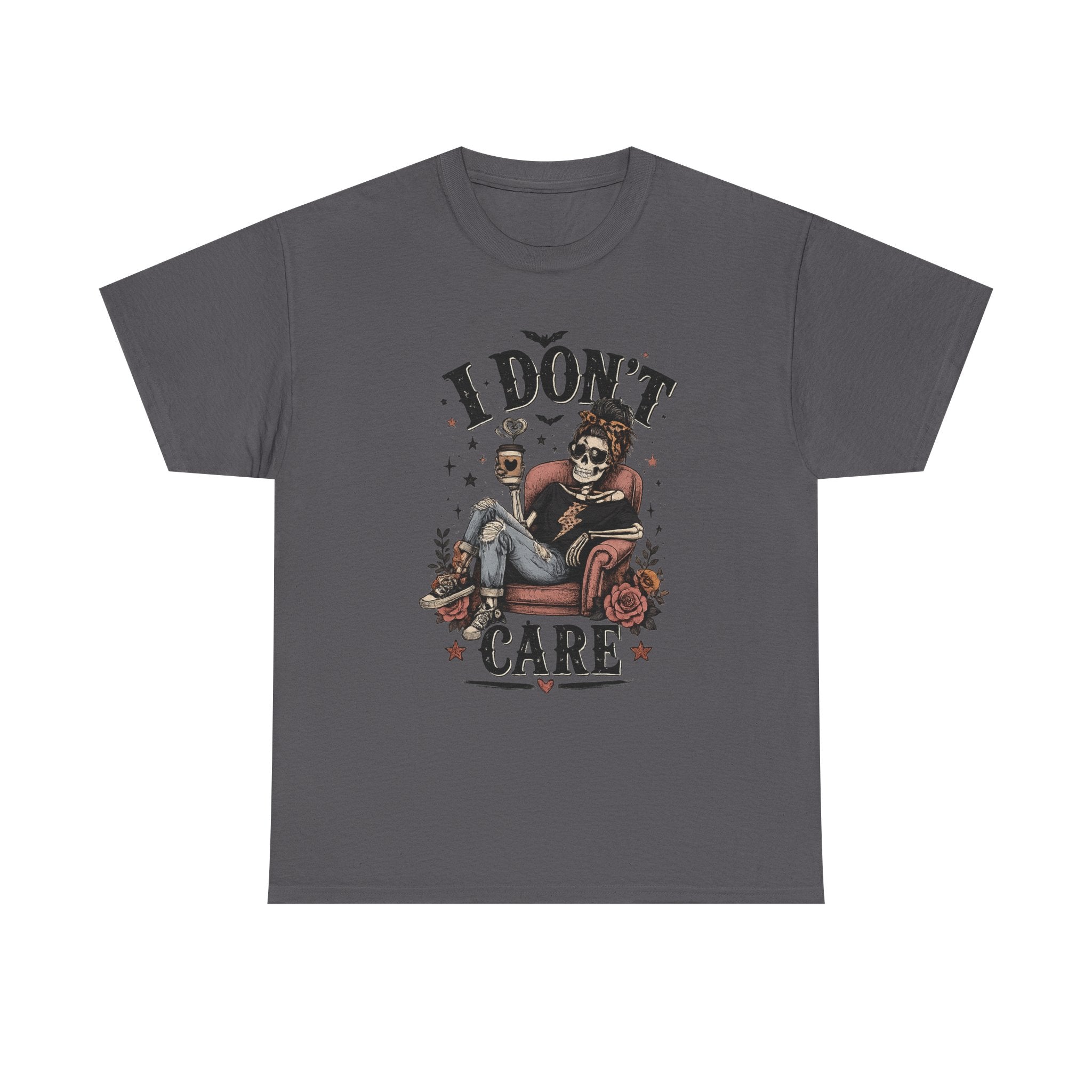 I Don't Care Skeleton Tee - Retro Skull Lounge Graphic T-Shirt