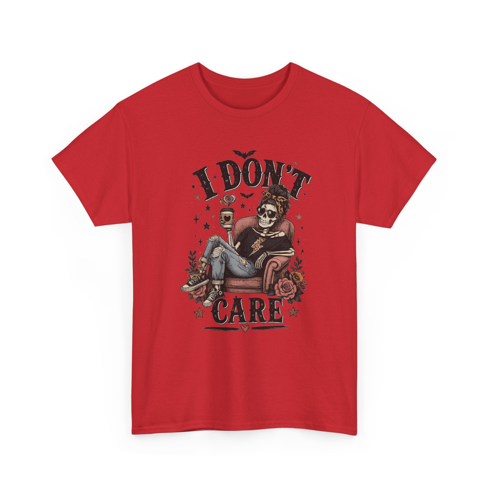 I Don't Care Skeleton Tee - Retro Skull Lounge Graphic T-Shirt