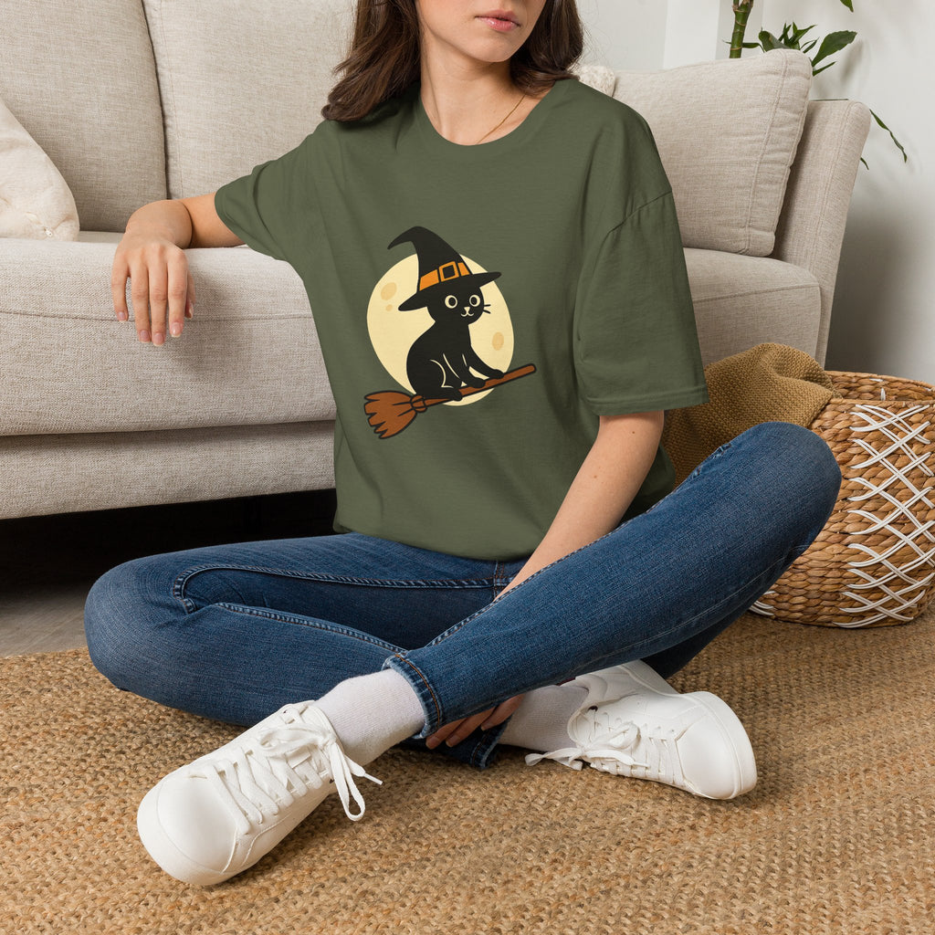 Witch Cat T-Shirt — Cute Black Cat on Broom Halloween Tee
