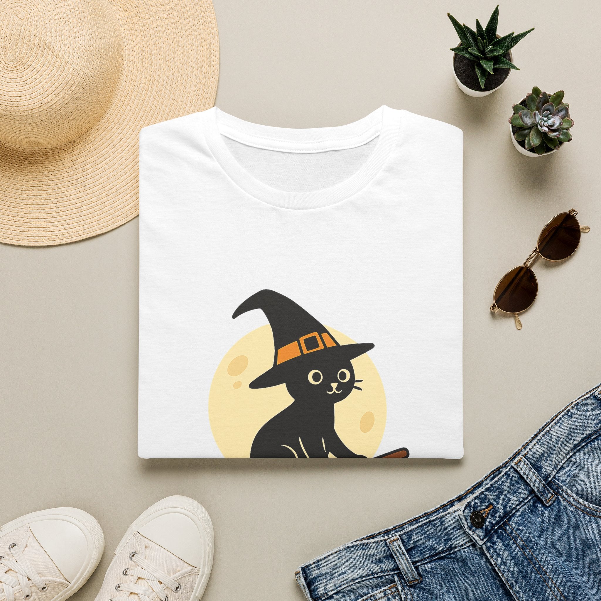 Witch Cat T-Shirt — Cute Black Cat on Broom Halloween Tee