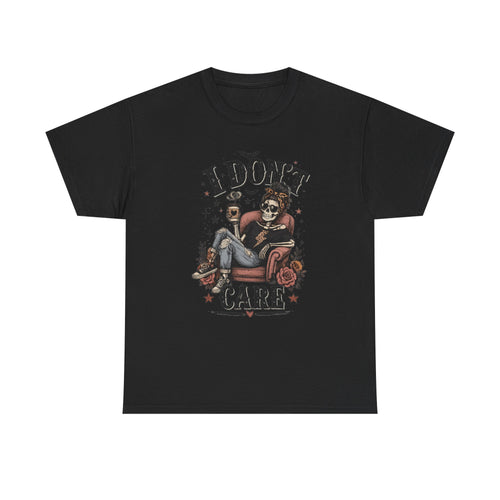 I Don't Care Skeleton Tee - Retro Skull Lounge Graphic T-Shirt
