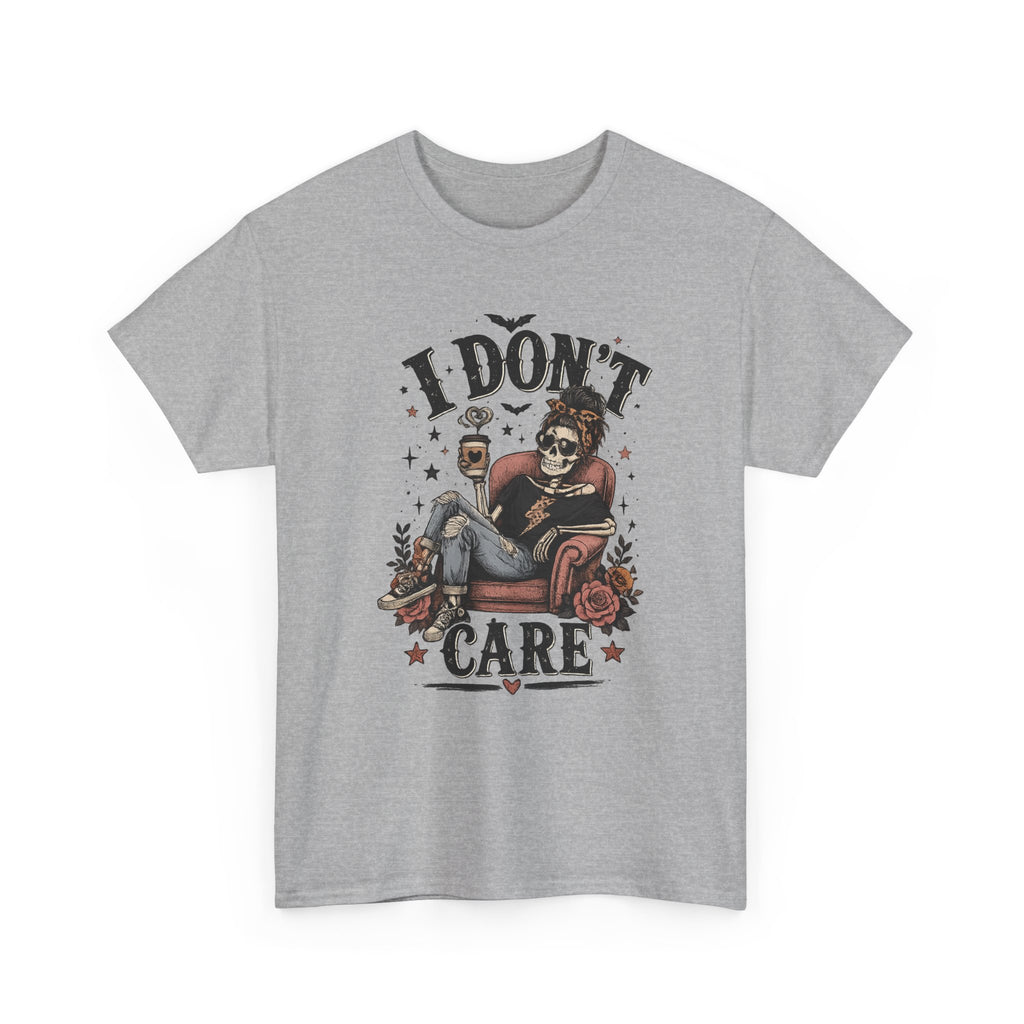 I Don't Care Skeleton Tee - Retro Skull Lounge Graphic T-Shirt