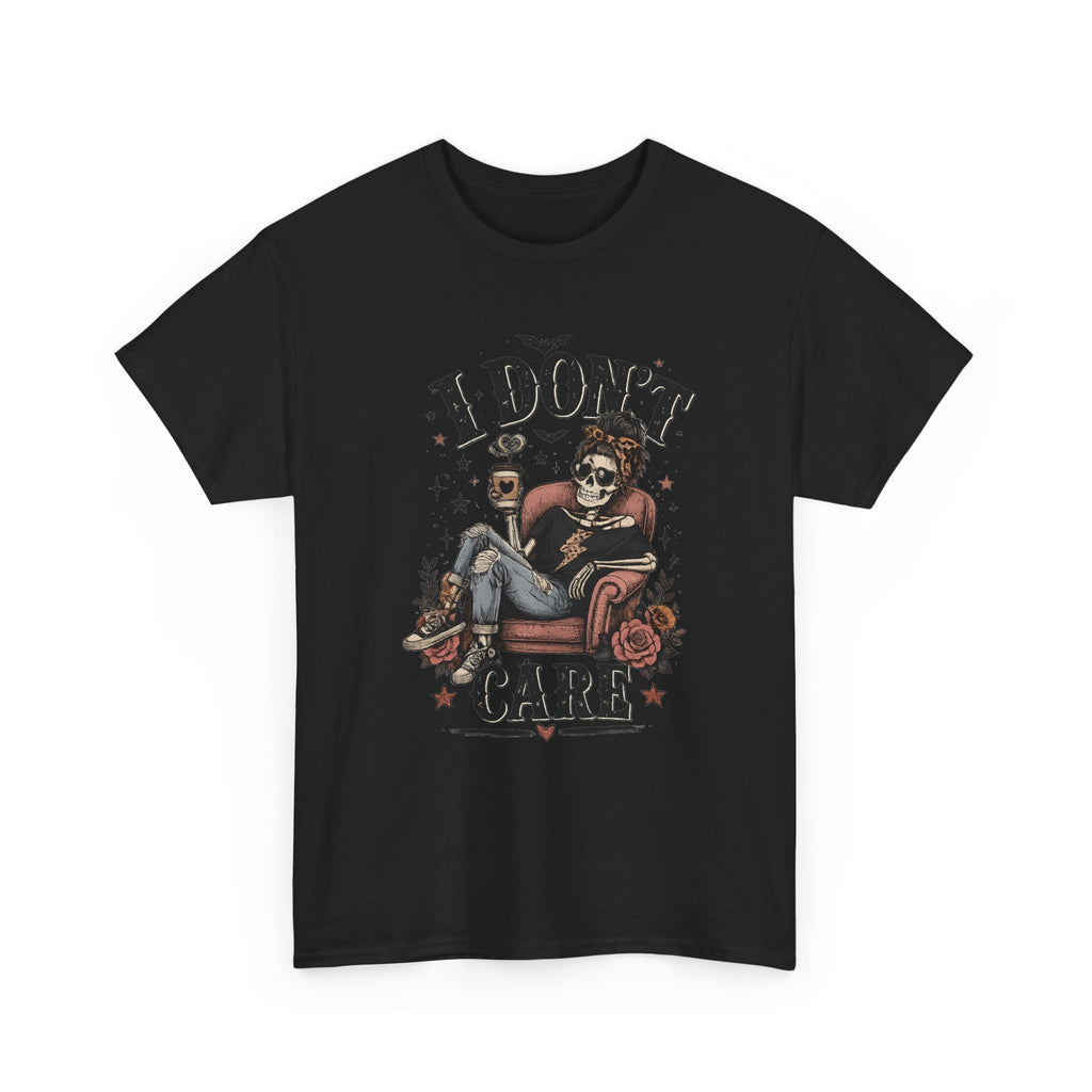 I Don't Care Skeleton Tee - Retro Skull Lounge Graphic T-Shirt