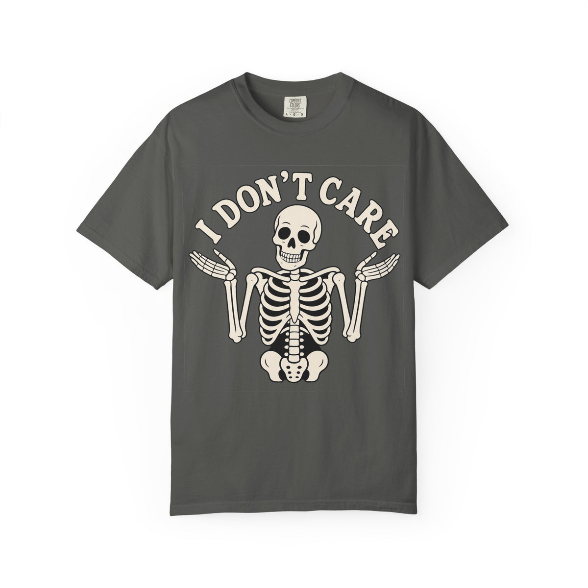 I Don't Care Skeleton T-Shirt — Garment-Dyed Skeletal Shrug Graphic Tee
